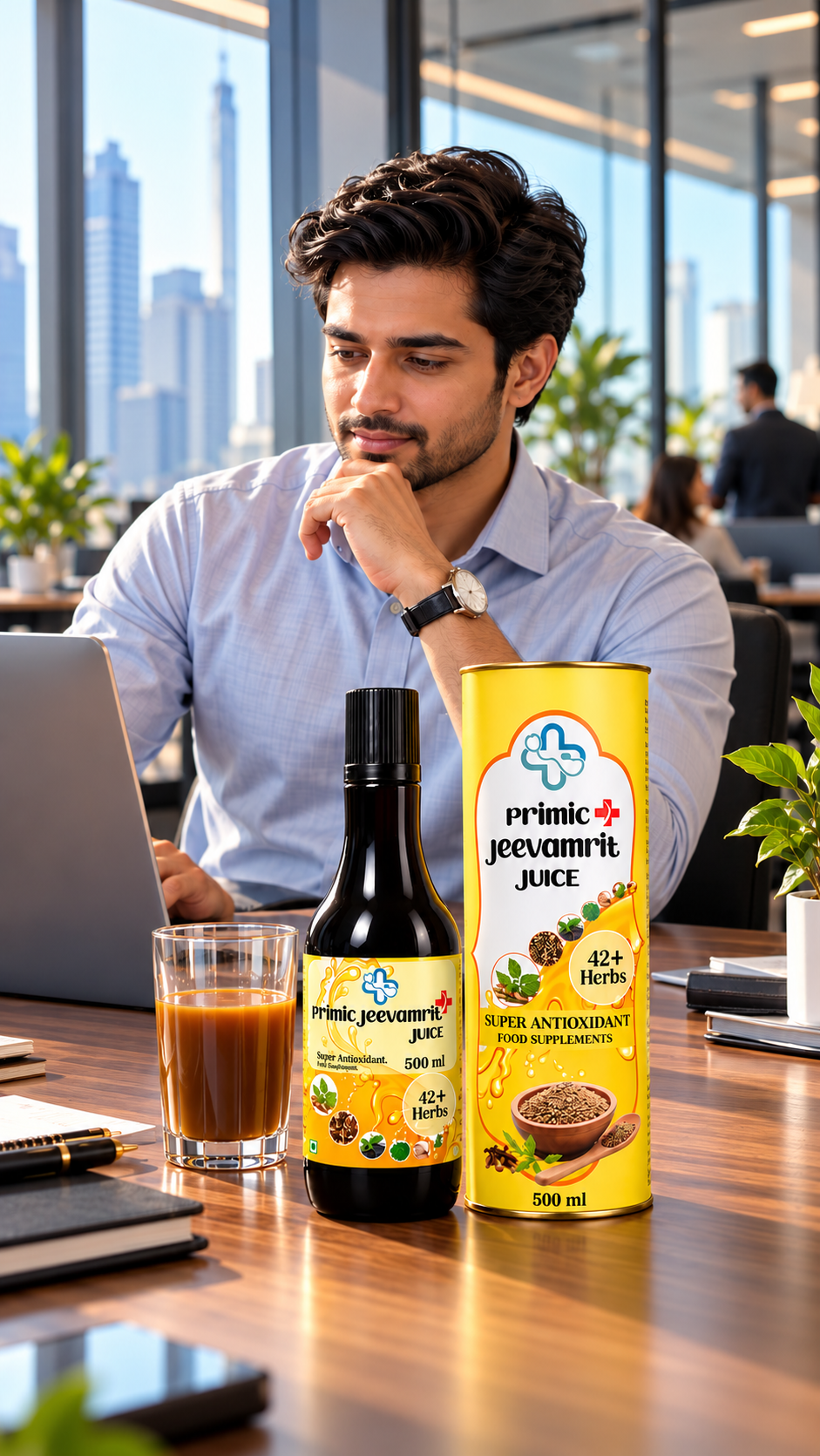 Indian professional working in a modern office with Primic Jeevamrit Juice bottle, packaging and glass on desk.