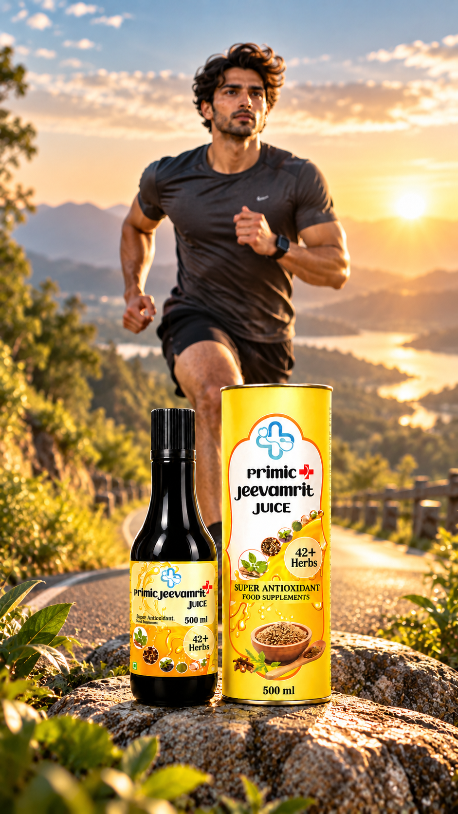 Primic Jeevamrit Juice bottle and 42+ Herbs packaging with a runner on a scenic mountain road at sunset.