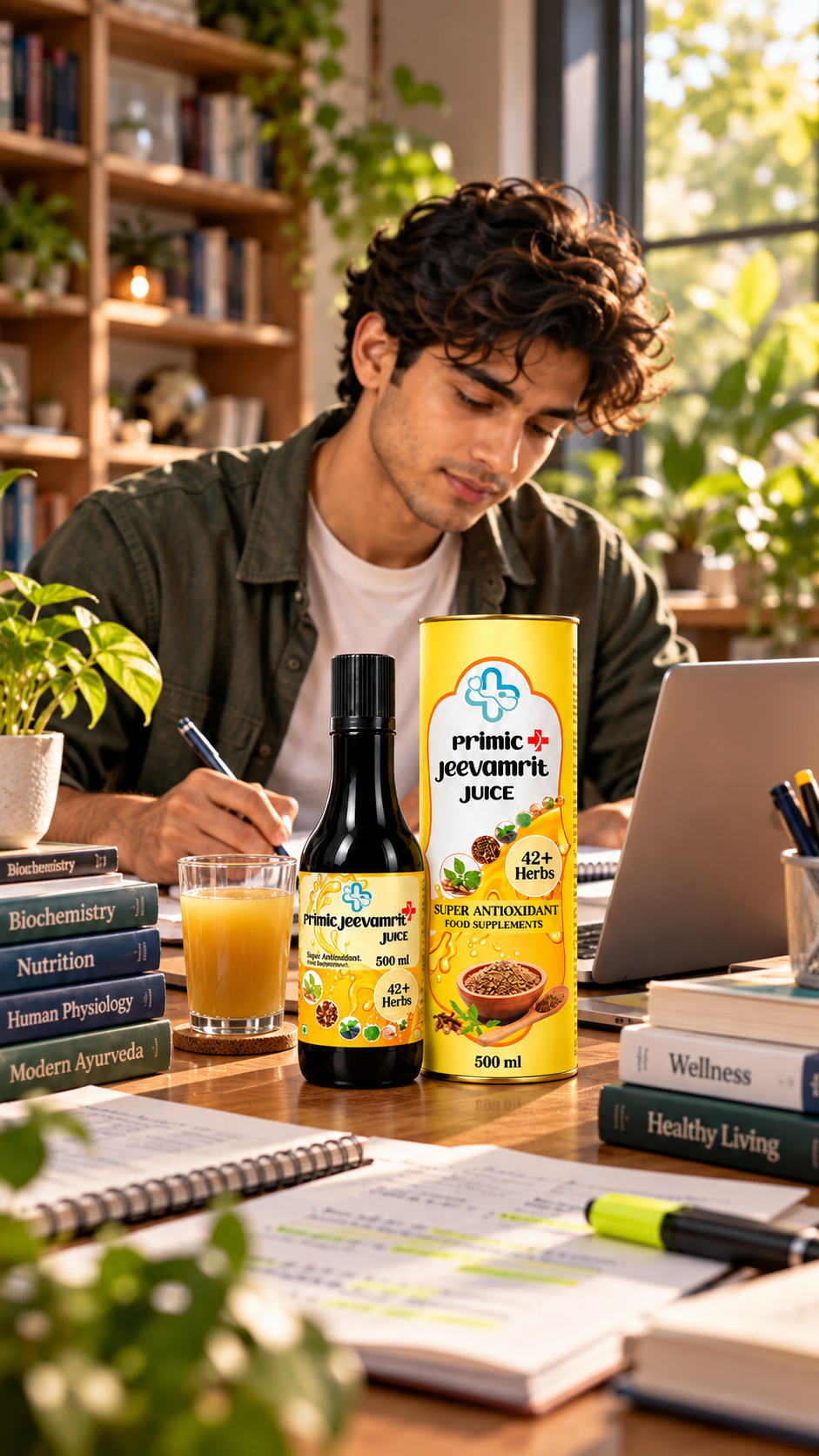 Primic Jeevamrit Juice with 42+ Herbs packaging on a study desk, with a student studying in the background.