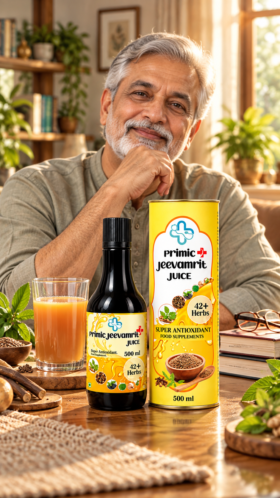 Primic Jeevamrit Juice with 42+ herbs and packaging, featuring a senior citizen in a wellness setting.