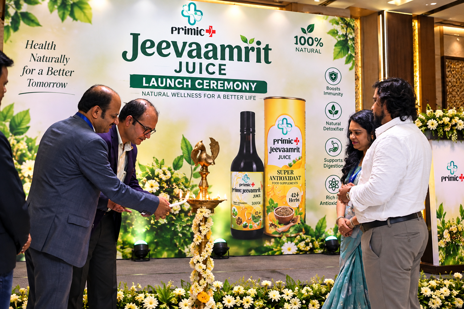 Primic Jeevaamrit launch ceremony featuring guests lighting a traditional ceremonial lamp on stage during the product unveiling event.