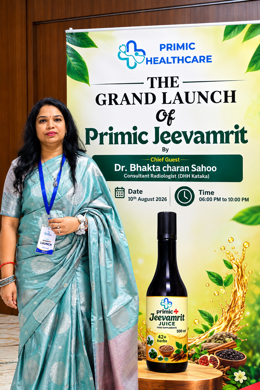 Primic Jeevamrit grand launch event featuring the Founder & Managing Director beside the Primic Healthcare promotional backdrop