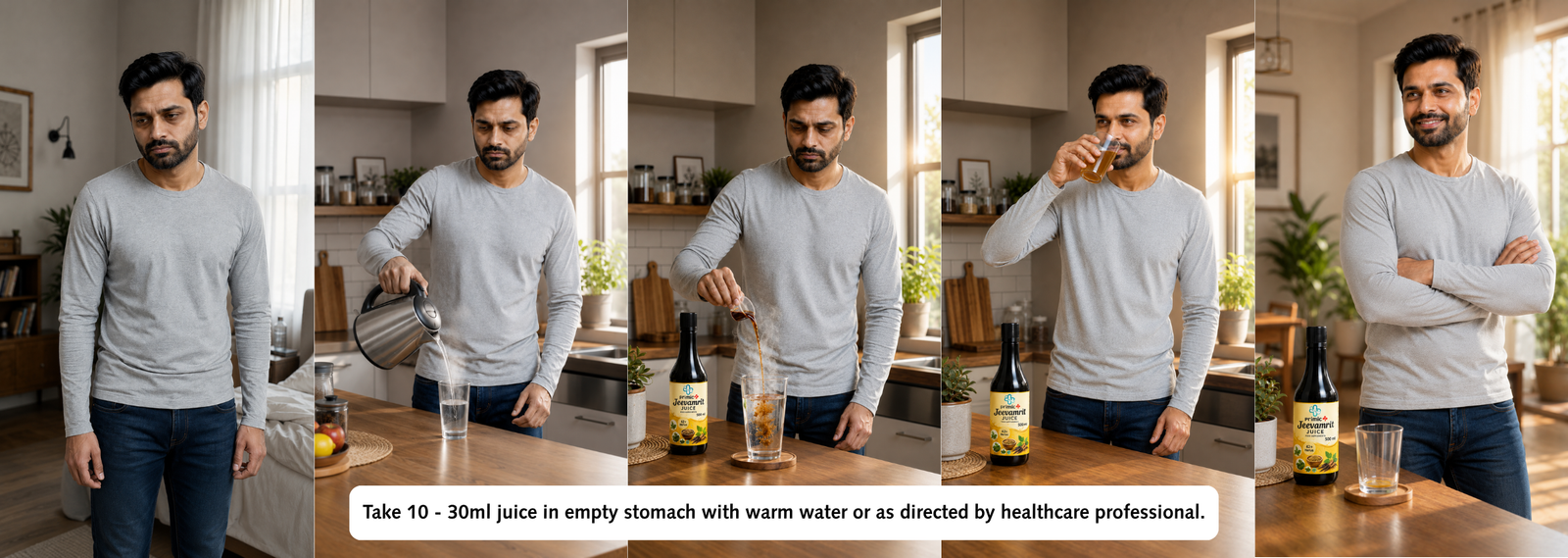 How to take Primic Jeevamrit Juice with warm water, showing the recommended 10–30 ml daily dosage