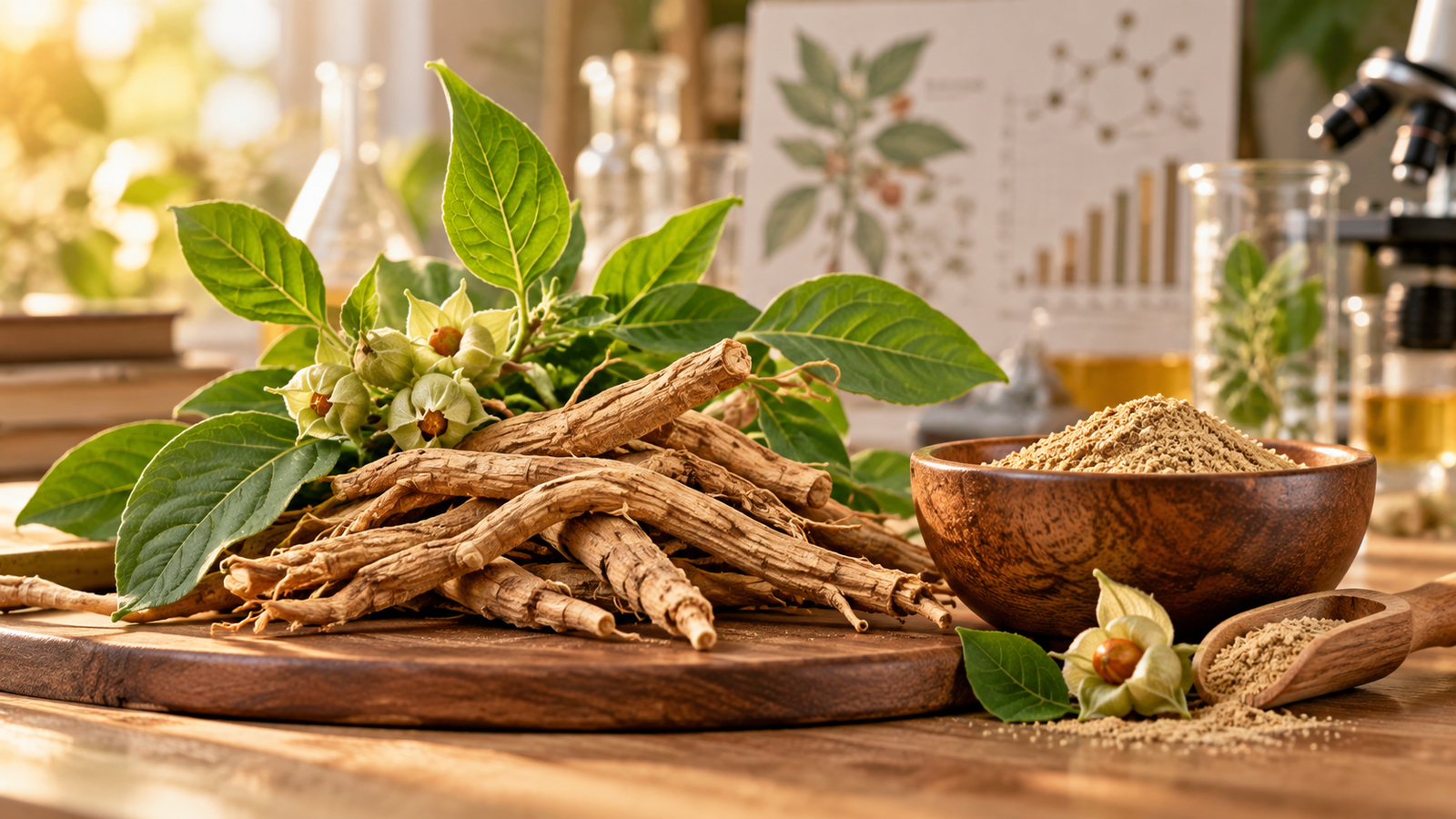 Ashwagandha roots and powder illustrating research on Ashwagandha for stress management