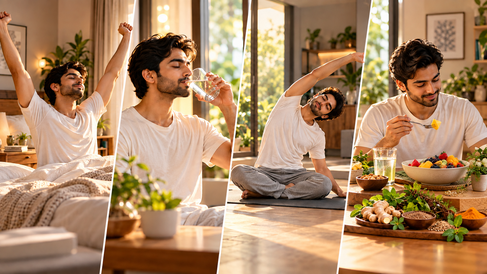 Ayurvedic morning routine with waking up, drinking water, gentle yoga and a nourishing breakfast
