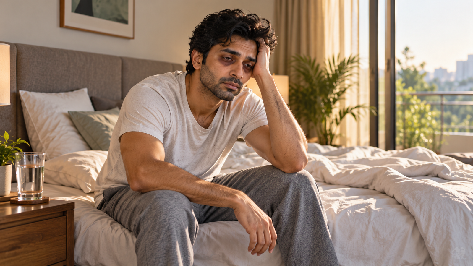 Man feeling tired after sleeping enough in a bedroom
