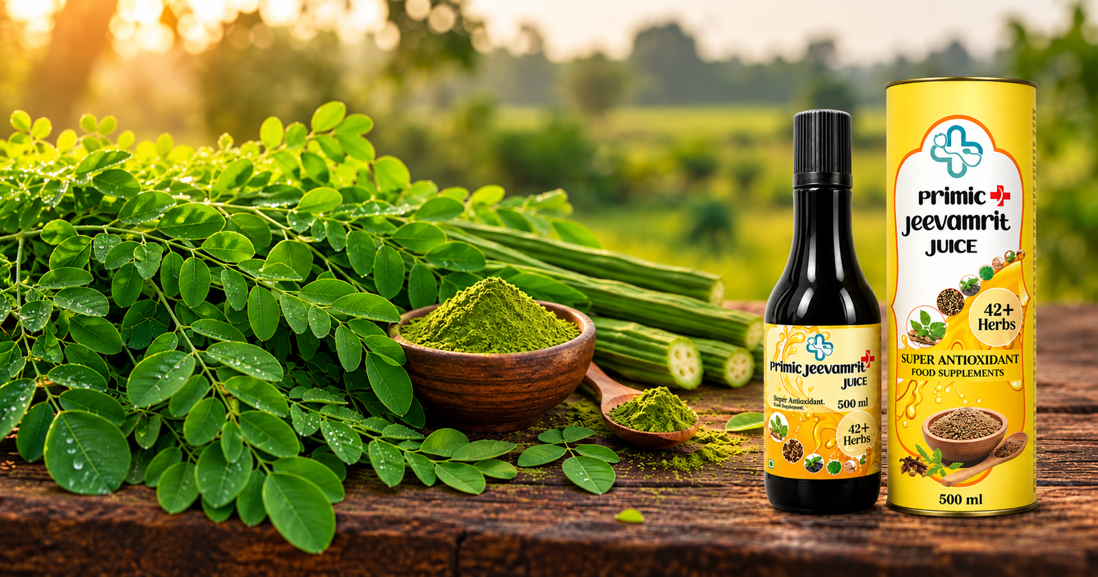 Fresh moringa leaves and powder alongside Primic Jeevamrit Juice herbal supplement packaging on a rustic wooden table.