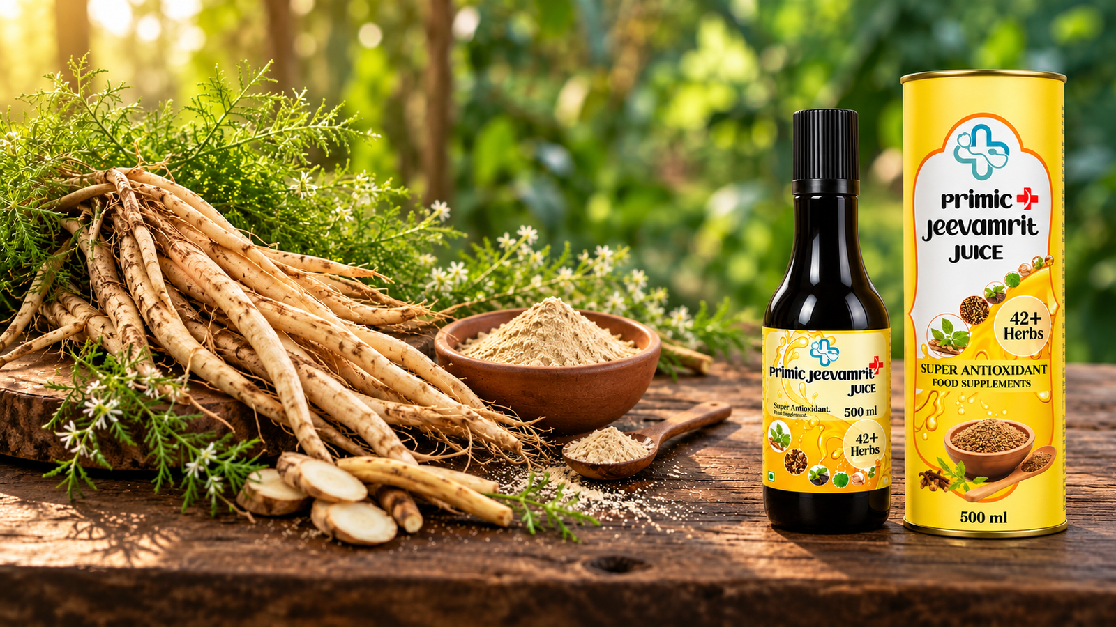 Fresh Shatavari roots and herbal powder arranged on a rustic wooden table beside Primic Jeevamrit Juice bottle and yellow packaging featuring 42+ herbs, with wa