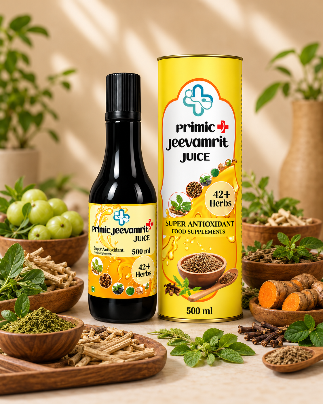 Amber glass bottle of Primic Jeevamrit herbal juice with fresh amla and tulsi